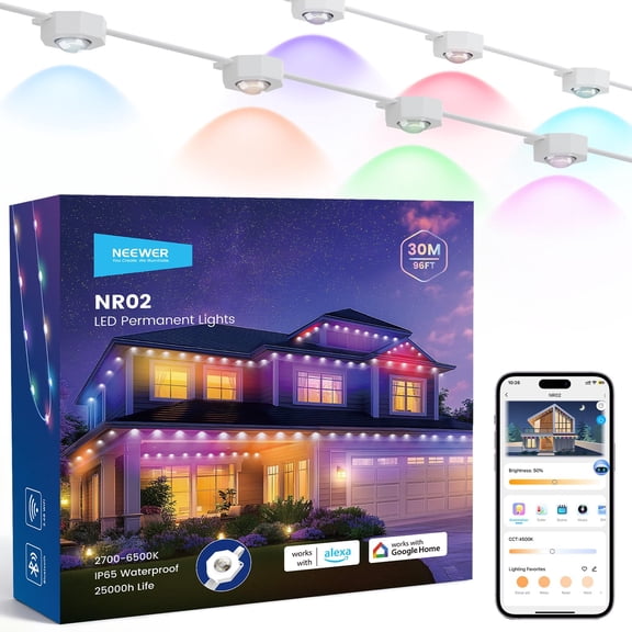 Neewer NR02 96ft Permanent Outdoor Lights, Smart AI RGBCW, 60 LEDs, IP65, App/Voice Control, for House/Eaves/Christmas Decor