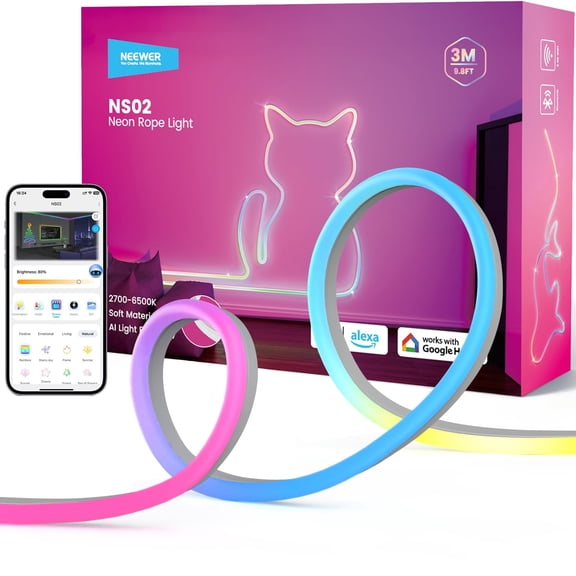 Neewer NS02 9.8ft AI RGB IC Neon Strip, App/Voice Control, Flexible & Cuttable, for Bedroom/Gaming Room/Studio Decor
