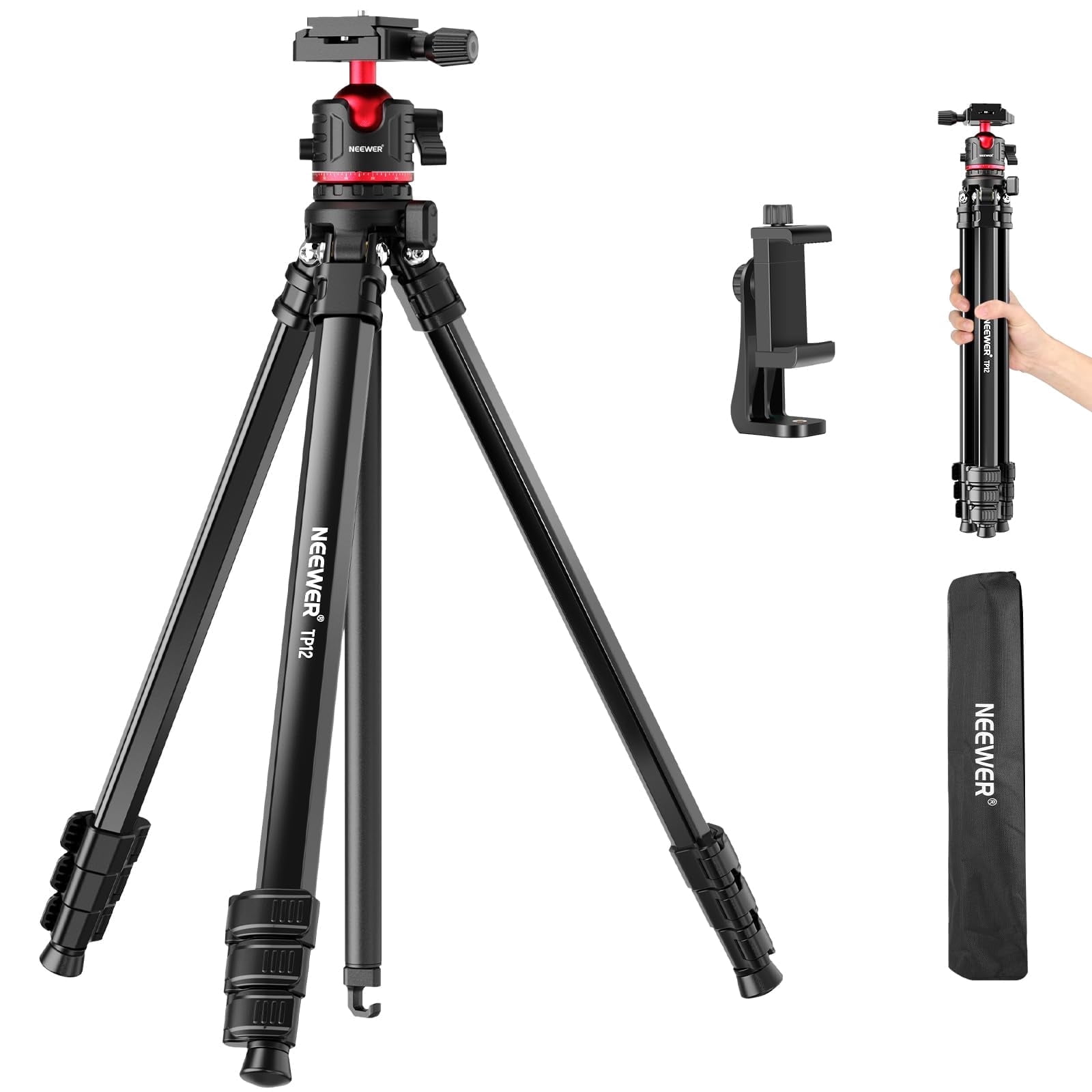 NEEWER TP12 66.5" Travel Tripod, Ball Head, Arca QR Plate, Phone Holder, 11 lb Load