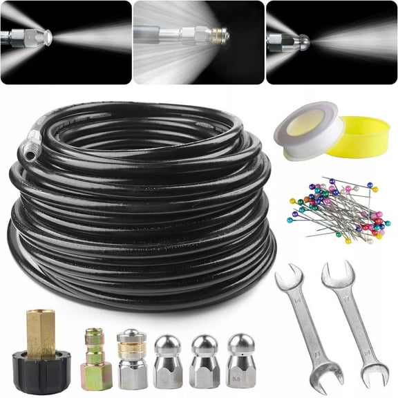 NefLaca 50FT Sewer Jetter Nozzles Kit , 5800PSI Drain Cleaning Hose for Pressure Washer , Rotating and Button Hose Sewer Jetting Nozzle Pearl Corsage Pin Waterproof Tape with 3 Spanner