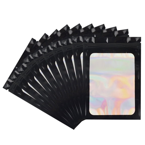 NefLaca 100x Holographic Mylar Foil Zip Bag Resealable lock Pouch Packaging with Clear Window Food Storage Bag for Sample Snack Cookies Jewelry Black 4"x6"