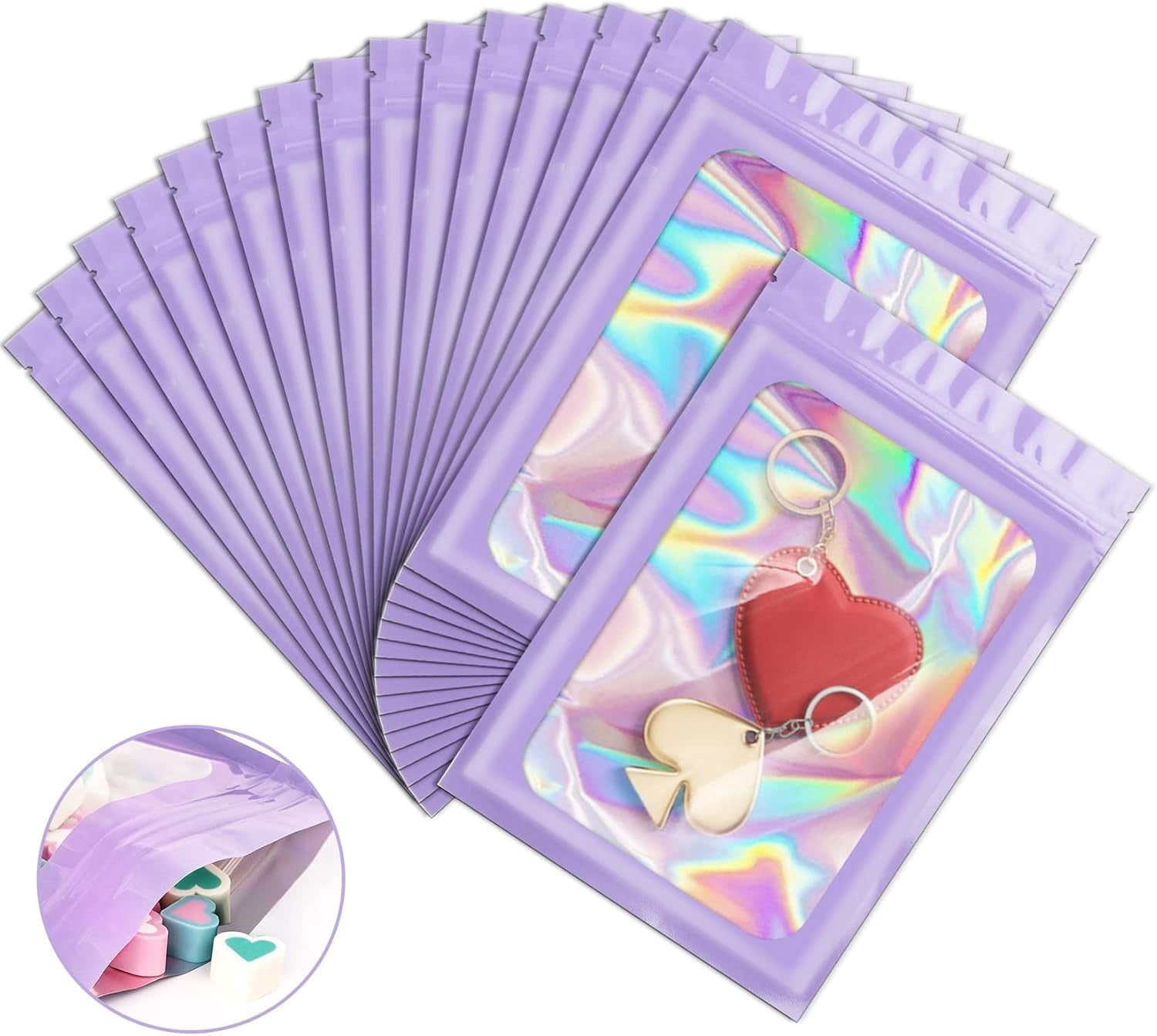 NefLaca 100x Holographic Mylar Foil Zip Bag Resealable lock Pouch Packaging with Clear Window Food Storage Bag for Sample Snack Cookies Jewelry Purple 4"x6"