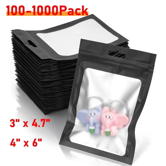 NefLaca 100x Holographic Mylar Foil Zip Bag Resealable lock Pouch Packaging with Clear Window & Hhanging Hole Food Storage Bag for Sample Snack Cookies Jewelry Black 4"x6"