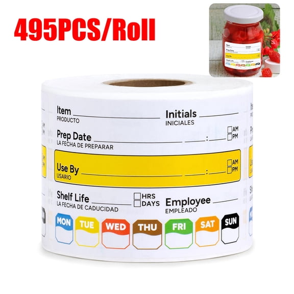 NefLaca 1Roll 495 Pcs Restaurant Quality Shelf Life Food Rotation Labels Vinyl, 2 x 3 Self-Adhesive Removable Freezer Food Labels, Perfect for Reusable Containers,Food Safety Date Sticker
