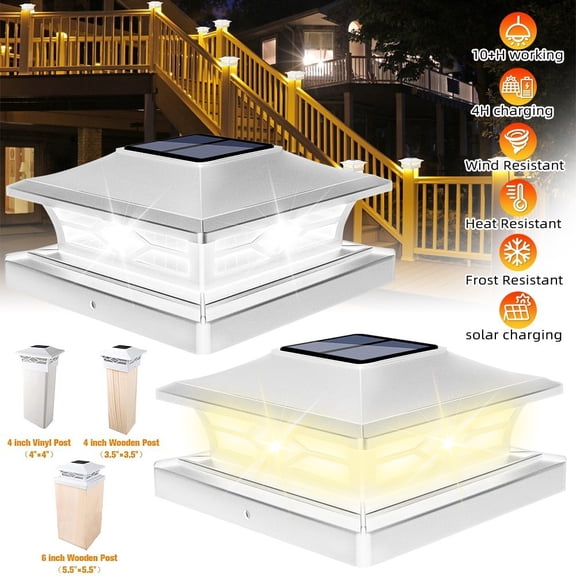 NefLaca 2PCS White Solar Post Deck Cap Lights Outdoor Fence Dock 4x4/6x6 LED Lamp PVC Vinyl-White light +Warm White ligh