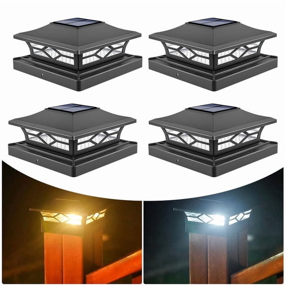 NefLaca 4PCS Black Solar Post Deck Cap Lights Outdoor Fence Dock 4x4/6x6 LED Lamp PVC Vinyl-White light +Warm White ligh
