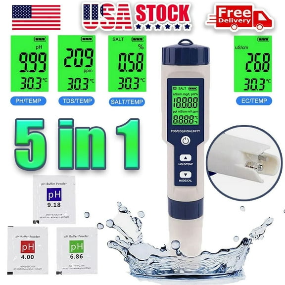 NefLaca 5 In 1 Digital Water Quality Meter Tester Tool PH/TDS/EC/Salinity/Temperature Plants, Aquarium and Pool
