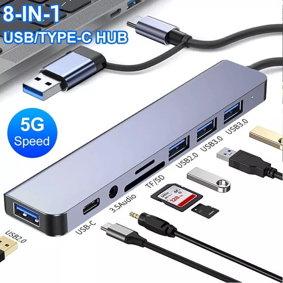 NefLaca 7/8 Port USB-C Hub Adapter - 5G Speed Multi Splitter for PC, Laptop & MacBook US