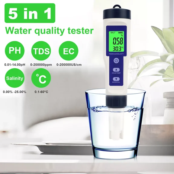 NefLaca Intelligent Upgrade 5-in-1 Digital PH/TDS/EC/Salinity/Temperature Pool Water Meter Test Kit,Suitable for Drinking Water Swimming Pools Aquariums ,Sea Saltwater