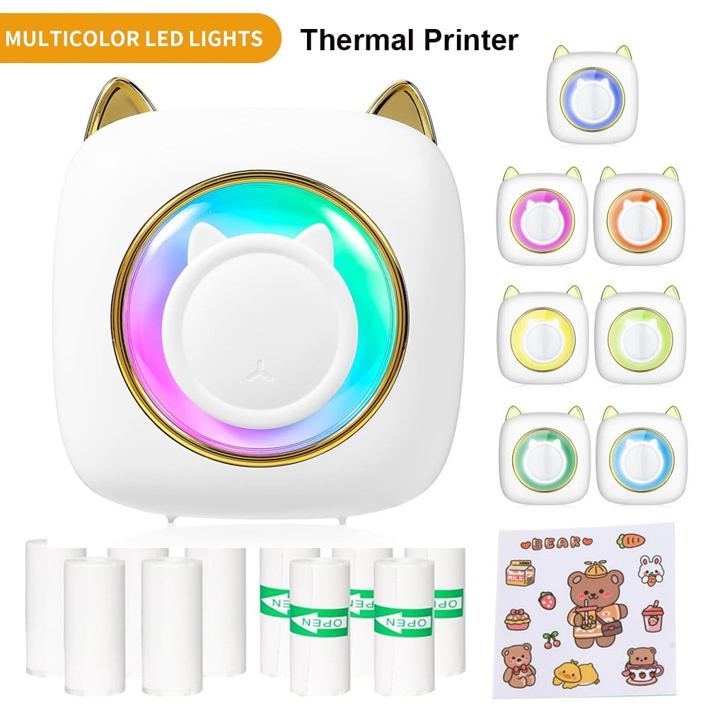 NefLaca Mini Printer, Pocket Bluetooth Thermal Printer Compatible with iOS + Android Portable Wireless Bluetooth Photo Label Stickers RGB Light Kitten Set