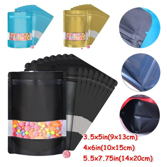 NefLaca Mylar Foil Food Storage Stand Up Zip Seal Pouch Smell Proof Bags with Window Black Outer Size: 4x6in(10x15cm) 200 PCS；
