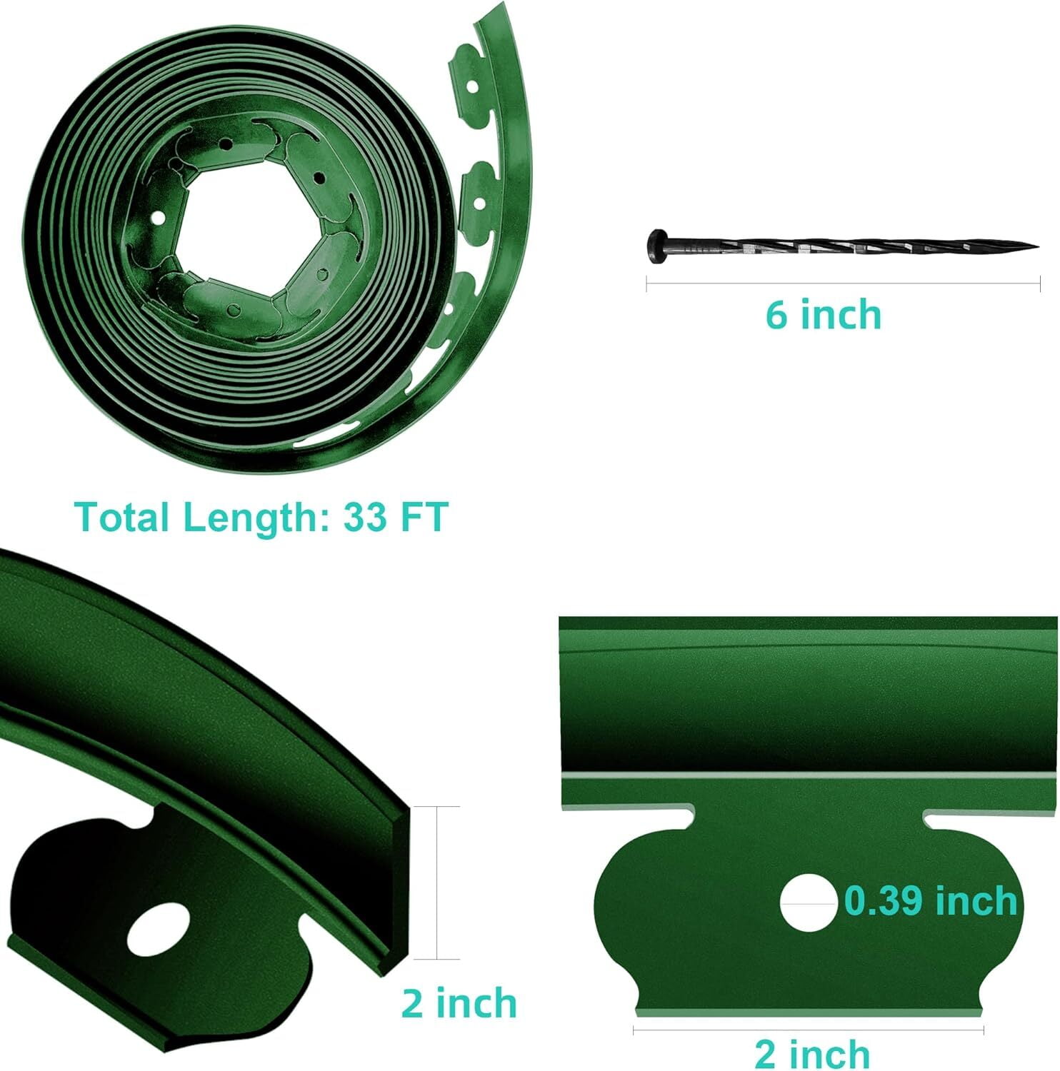 NefLaca Plastic Landscape Edging Kit, 2 inch x 33 Ft Garden Edging Border with Connectors, Hammer, Gloves and 30 Pcs Stakes for Garden Lawn Path Side-Green