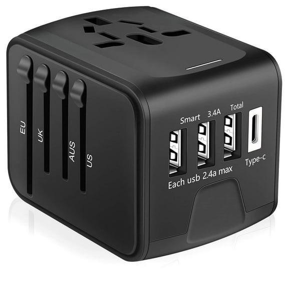NefLaca Universal Travel Adapter, European Travel Plug Adapter with Type C for AU, EU, NZ, UK, US, Black