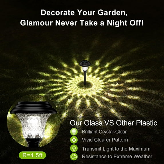NefLaca Waterproof Glass Solar Lights , Super Bright Solar Pathway Lights, Up to 12 Hrs Long Last Auto On/Off Garden Lights , Stainless Steel LED Landscape Lighting for Yard,Outdoor