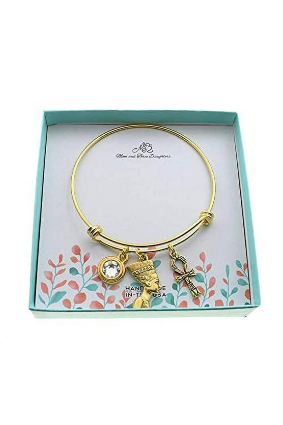 Nefertiti Ankh Womens Bangle Bracelet in Gold Plated Pewter. Handcrafted Stainless Steel 60 MM Charm