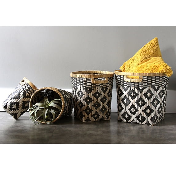 East at Main Nefertiti Set of 4 White and Black Woven Nesting Storage Baskets with Handles