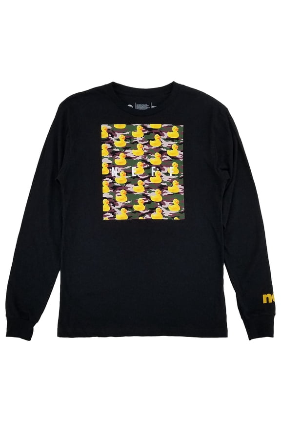 Mens Black Camo Ducky Print Graphic Tee Long Sleeve Crew Neck T-Shirt L