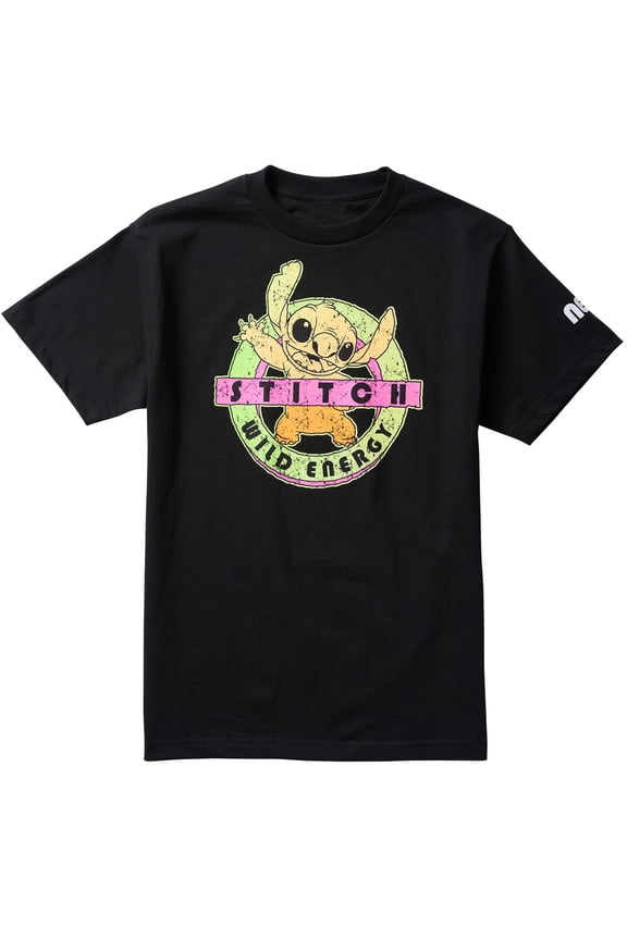 X Disney Men's Stitch Surf Energy Distressed Graphic Tee T-Shirt in Black (Large, Black)