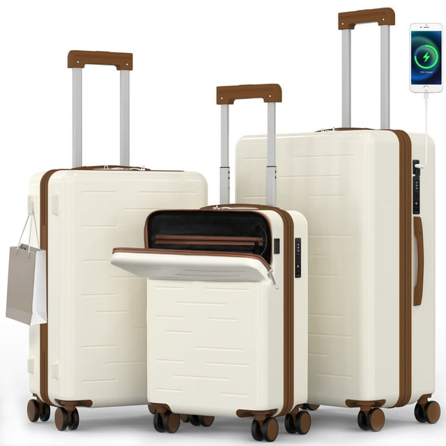 Nefoso 3 Piece Luggage Sets, Carry on Luggage 20 in 24 in 28 in Suitcase with TSA USB Port Spinner Wheels, Hardshell Lightweight Beige