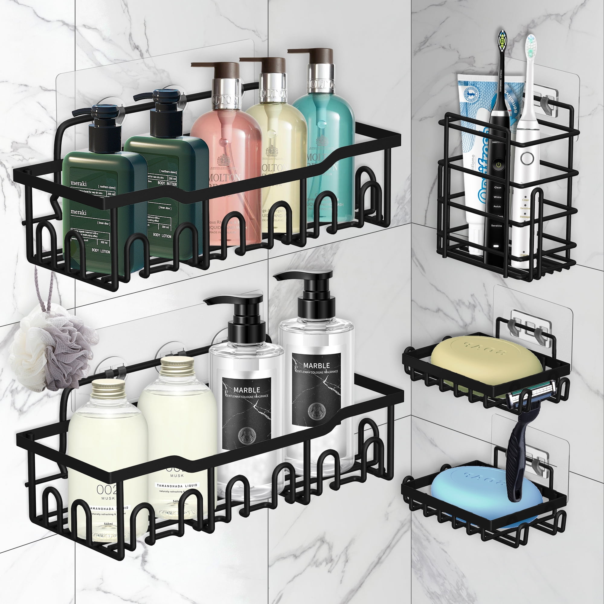 Nefoso 5 Pack Shower Caddy, Bathroom Organizer Shelf with 28 Hooks and 10  Strong Adhesive, No Drilling Rustproof Shower Rack,Toothbrush Holder, Soap