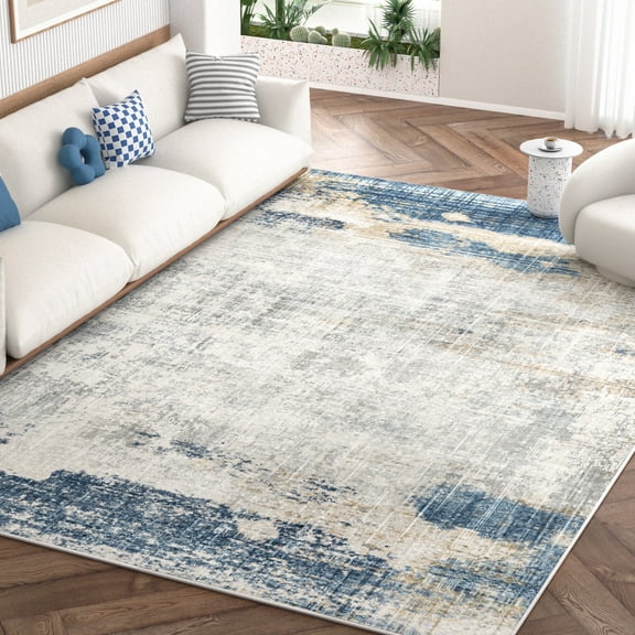 Nefoso 5ft x 8ft Area Rugs, Washable Area Rugs for Living Room Bedroom Home Decor, Non-Slip Carpet, Modern Abstract, Blue & Beige