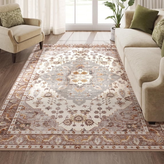 Nefoso 5ft x 8ft Vintage Area Rugs, Washable Area Rugs for Living Room Bedroom Kitchen Home Decor, Non-Slip Carpet, Brown & Beige