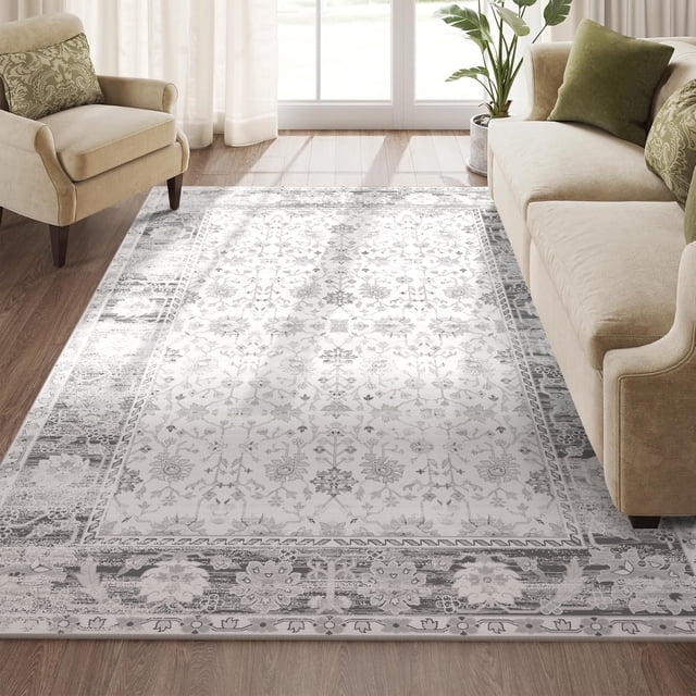 Nefoso 5ft x 8ft Vintage Area Rugs, Washable Area Rugs for Living Room Bedroom Kitchen Home Decor, Non-Slip Carpet, Gray