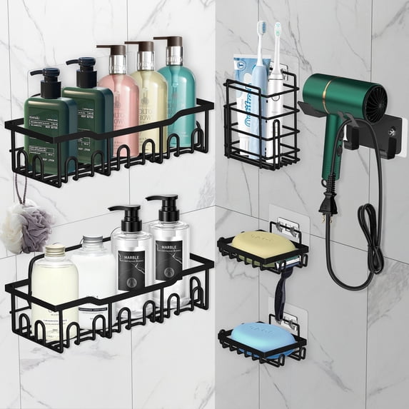 Nefoso 6 Pack Shower Caddy, Bathroom Organizer Shelf with 28 Hooks and 12 Strong Adhesive, No Drilling Rustproof Toothbrush Holder, Soap Dishes, Hair Dryer Holder (Black)