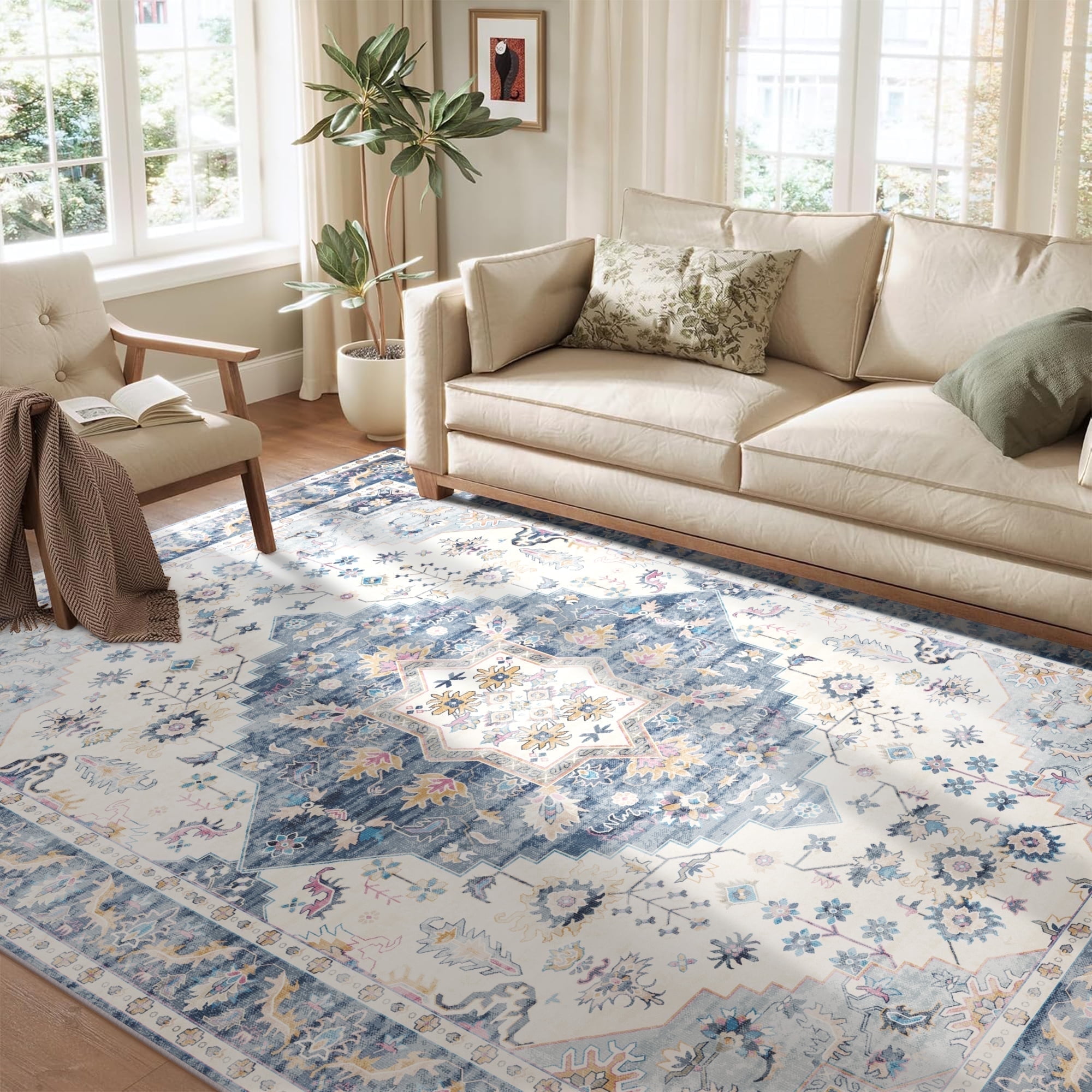 Nefoso 8ft x 10ft Vintage Area Rugs, Washable Area Rugs for Living Room Bedroom Kitchen Home Decor, Non-Slip Carpet, Blue & Beige