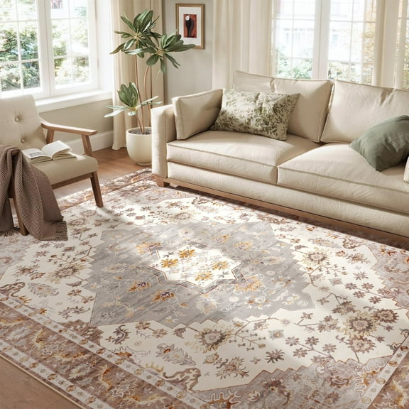 Nefoso 8ft x 10ft Vintage Area Rugs, Washable Area Rugs for Living Room Bedroom Kitchen Home Decor, Non-Slip Carpet, Brown & Beige