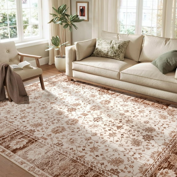 Nefoso 8ft x 10ft Vintage Area Rugs, Washable Area Rugs for Living Room Bedroom Kitchen Home Decor, Non-Slip Carpet, Brown