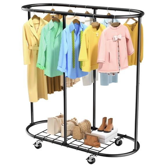 Nefoso Rolling Clothes Rack with Wheels and Removable Shelf,Oval Metal Garment Clothing Rack Standard Hanging Clothes Organizer(Black)