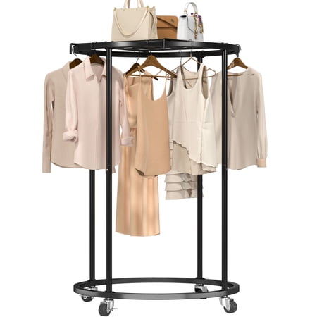 Nefoso Clothing Garment Rack with 4 Wheels and Shelf,Round Clothes Rack Rolling Clothes Organizer for Bedroom(Black)
