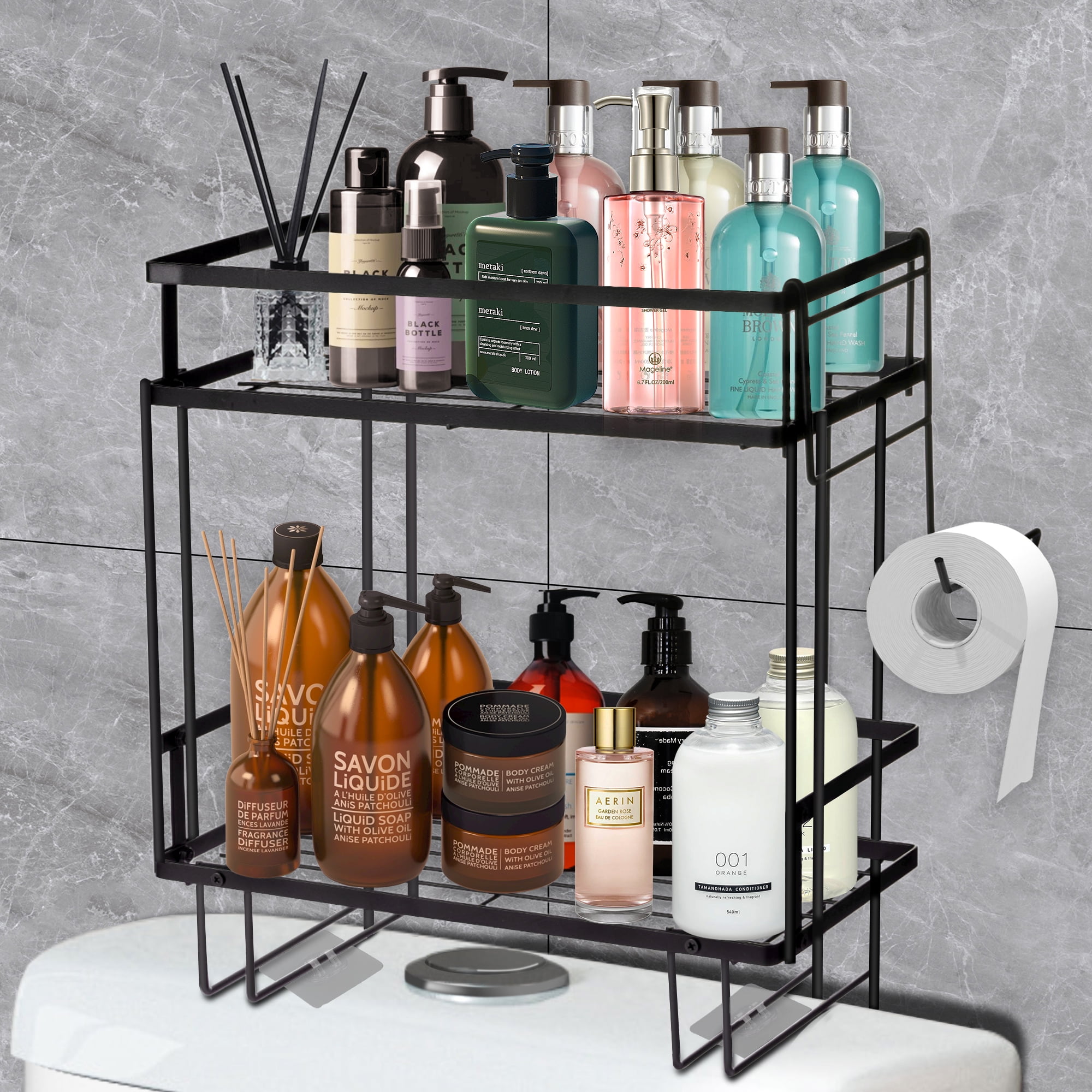 Lorbro 2-Tier Over Toilet Bathroom Shelf Organizer with Wooden Bottom Plate  & Adhesive Base for Paper Towels, Shampoos - Black