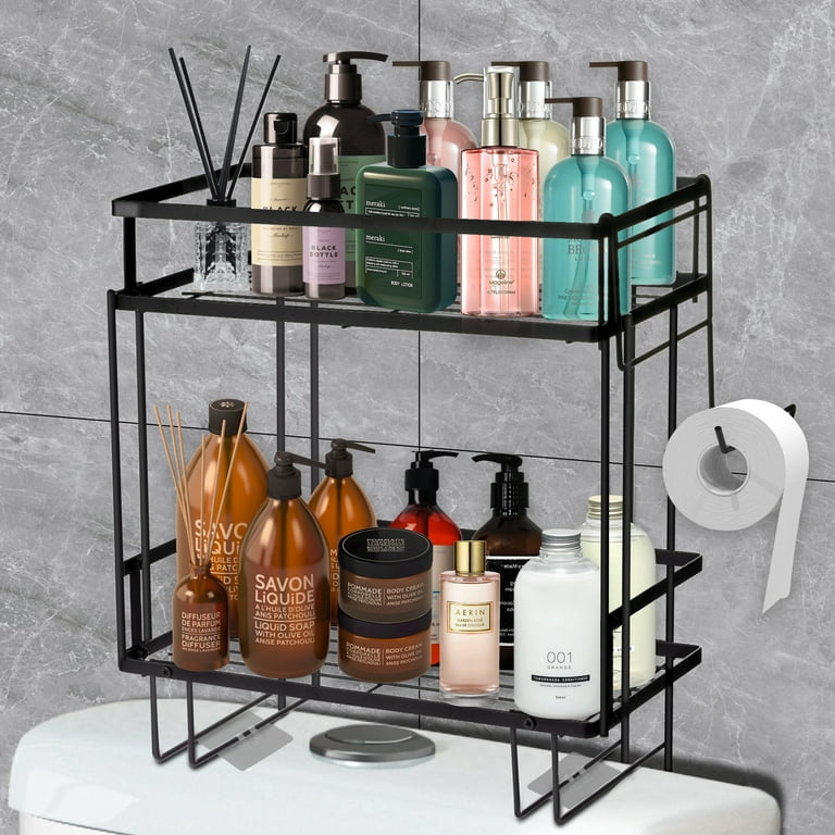 JOIN IRON Over The Toilet Storage, 2-Tier Bathroom Organizer Shelves,  Toilet Shelf with Toilet Paper Holder, Upgrade Punch-Free Detachable Toliet