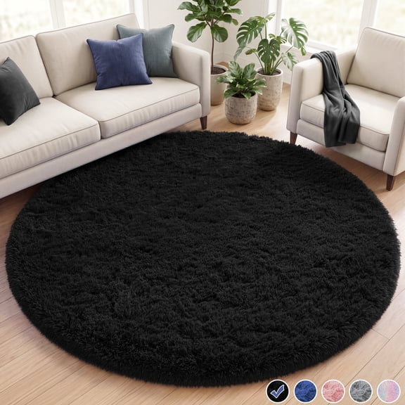 Nefoso 4ft x 4ft Round Area Rug, Soft Fluffy Circle Rug Shag Round Rugs for Living Room Bedroom Indoor Home Decor, Black