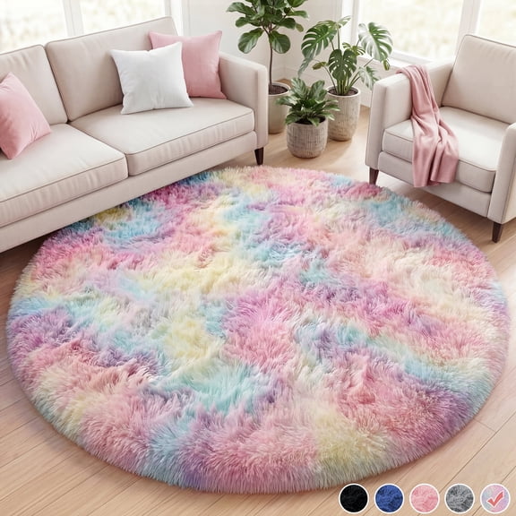 Nefoso 4ft x 4ft Round Area Rug, Soft Fluffy Circle Rug Shag Round Rugs for Living Room Bedroom Indoor Home Decor, Multicolor