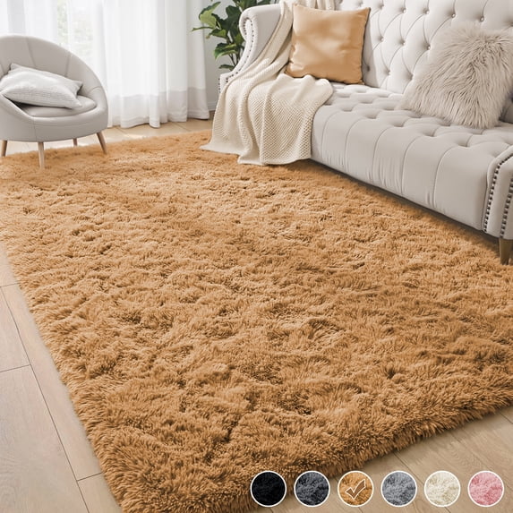 Nefoso Shag Area Rug, 4ft x 6ft Soft Fluffy Area Rugs for Living Room Bedroom Decor Carpet, Light Brown/Camel