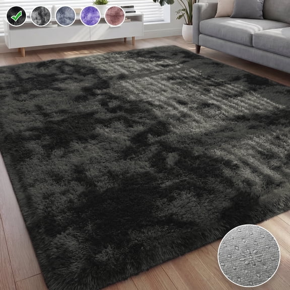 Nefoso Shag Area Rug, 4ft x 6ft Soft Fluffy Tie-Dye Area Rugs for Living Room Bedroom Decor Carpet, Black & Grey