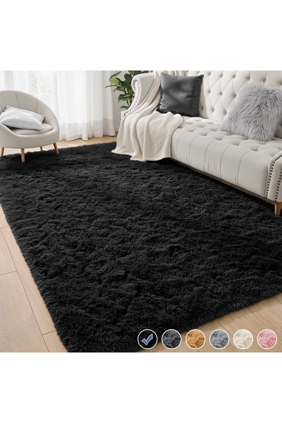 Shag Area Rug, 5ft x 8ft Soft Fluffy Area Rugs for Living Room Bedroom Decor Carpet, Black
