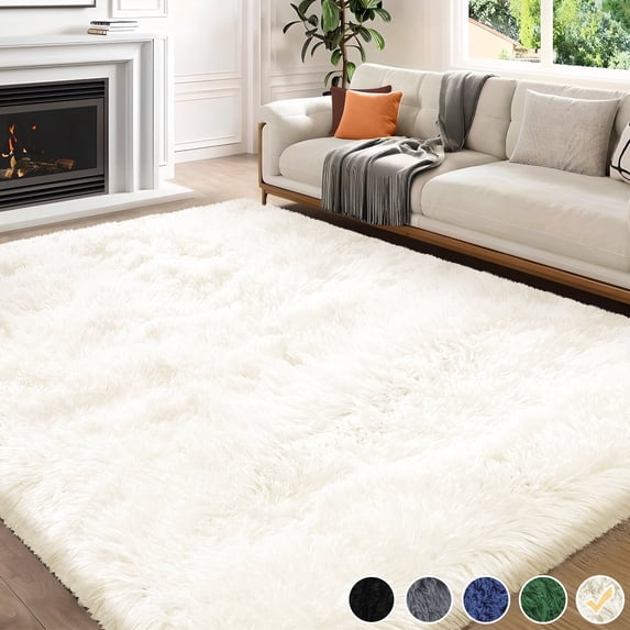 Nefoso Shag Area Rug, 6ft x 9ft Soft Fluffy Area Rugs for Living Room Bedroom Decor Carpet, Rice-white