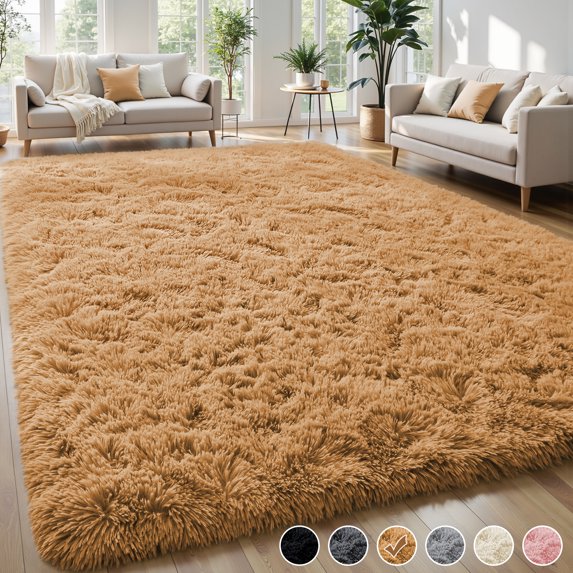 Nefoso Shag Area Rug, 6ft x 9ft Soft Fluffy Area Rugs for Living Room Bedroom Decor Carpet, Light Brown/Camel