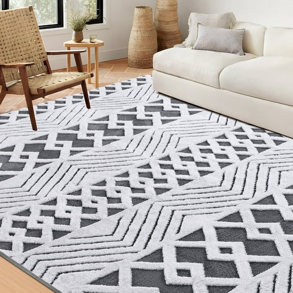 Nefoso Shag Area Rug, 8ft x 10ft Area Rugs for Living Room Bedroom Decor, Non-Slip Carpet, Modern Geometric, Gray & White