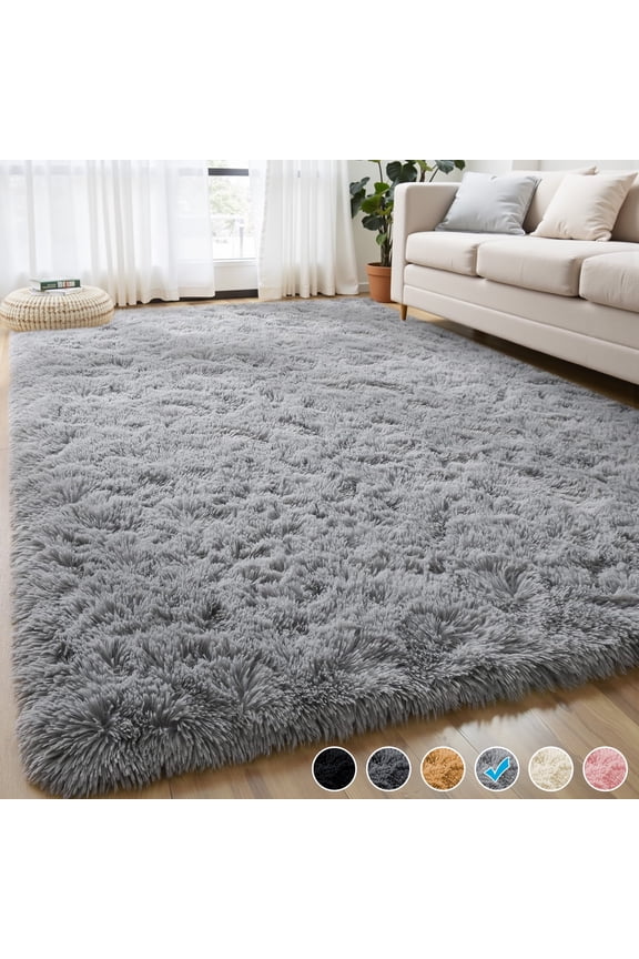 Shag Area Rug, 8ft x 10ft Soft Fluffy Area Rugs for Living Room Bedroom Decor Carpet, Light Gray