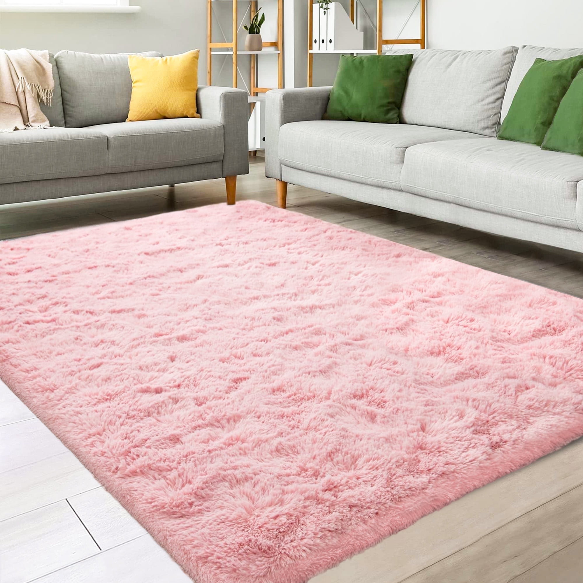 Pink 8' x 10' Shag Synthetic Fur Area Rug with Memory Foam