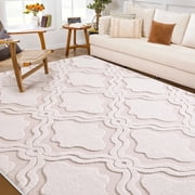 Nefoso Low Pile Area Rug, 8ft x 10ft Washable Area Rugs for Living Room Bedroom Decor, Non-Slip Carpet, Modern Geometric, Beige & Apricot