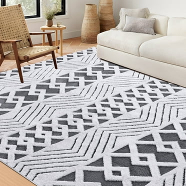 Nefoso Shag Area Rug, 8ft x 10ft Washable Area Rugs for Living Room Bedroom Decor, Non-Slip Carpet, Modern Geometric, Gray & White