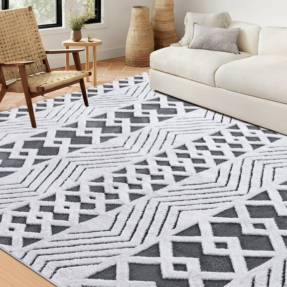 Nefoso Shag Area Rug, 8ft x 10ft Washable Area Rugs for Living Room Bedroom Decor, Non-Slip Carpet, Modern Geometric, Gray & White