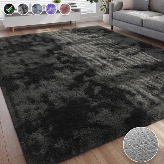 Nefoso Shag Area Rug, 8ft x 10ft Soft Fluffy Tie-Dye Area Rugs for Living Room Bedroom Decor Carpet, Black & Grey