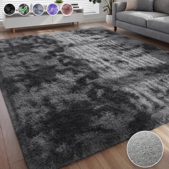 Nefoso Shag Area Rug, 8ft x 10ft Soft Fluffy Tie-Dye Area Rugs for Living Room Bedroom Decor Carpet, Dark Gray
